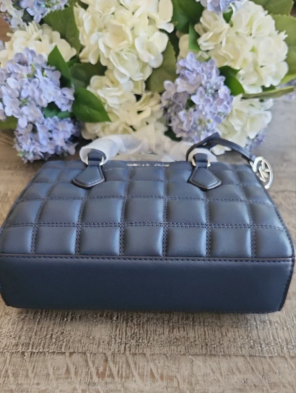 Michael Kors Navy Quilted Leather Satchel with Gold MK Charm. New!